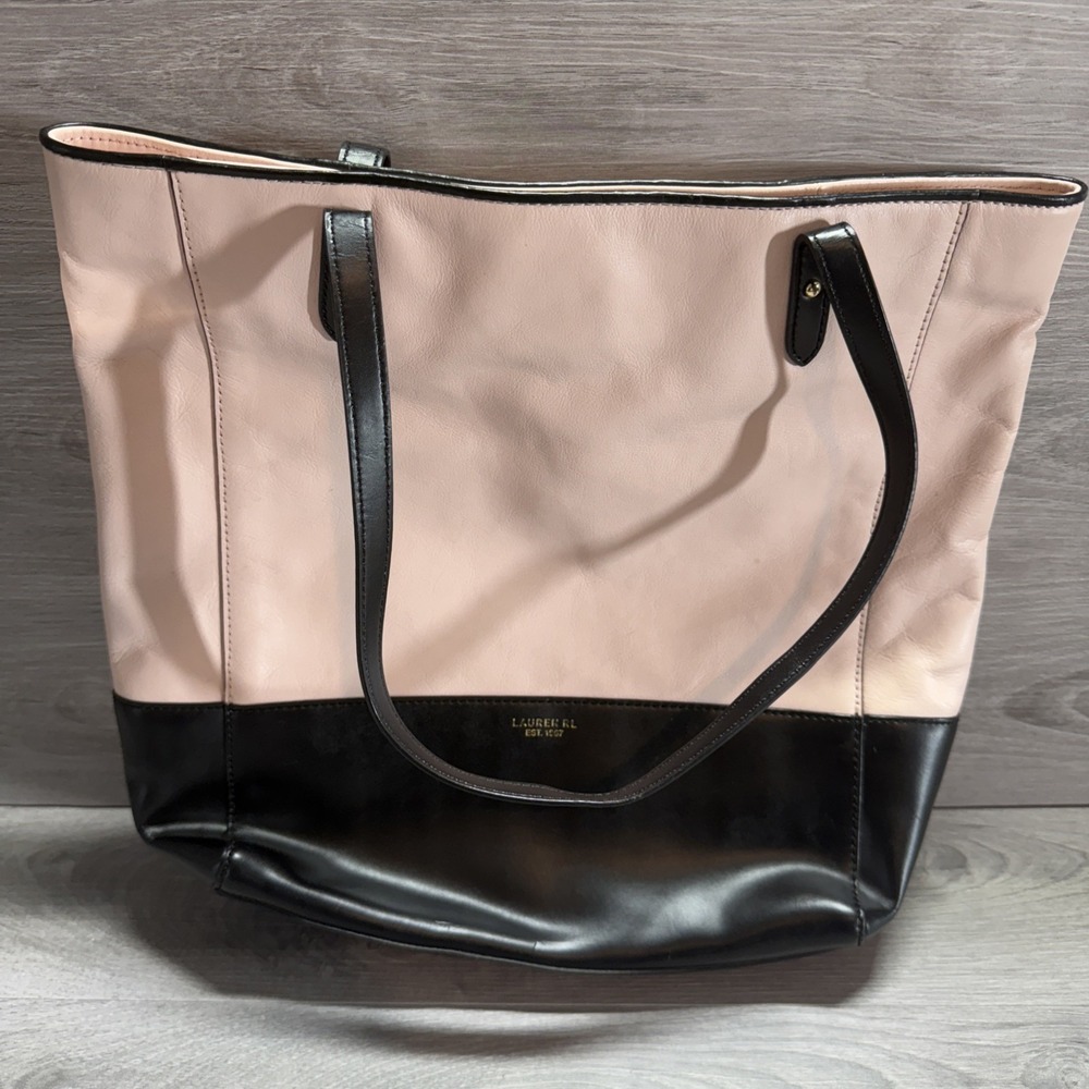 Lauren Ralph Lauren Pink & Black Leather Bag Tote Purse Magnetic Snap